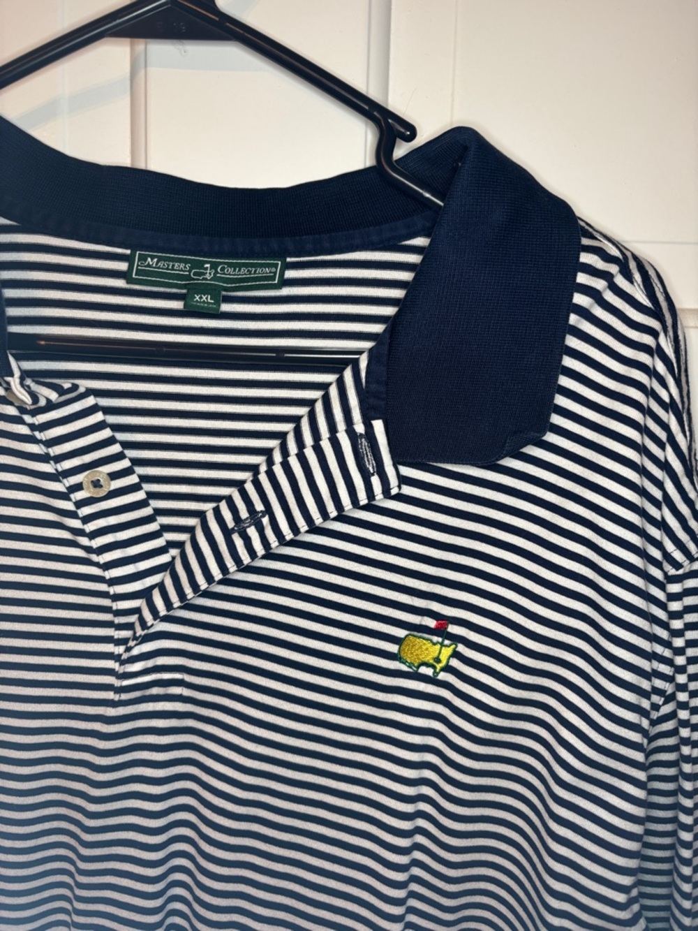 Masters Striped Polo Shirt - Navy & White with Yellow Logo